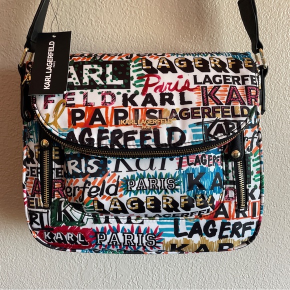 NWT KARL LAGERFELD PARIS White Scribble Print Messenger Crossbody Bag - Picture 1 of 6